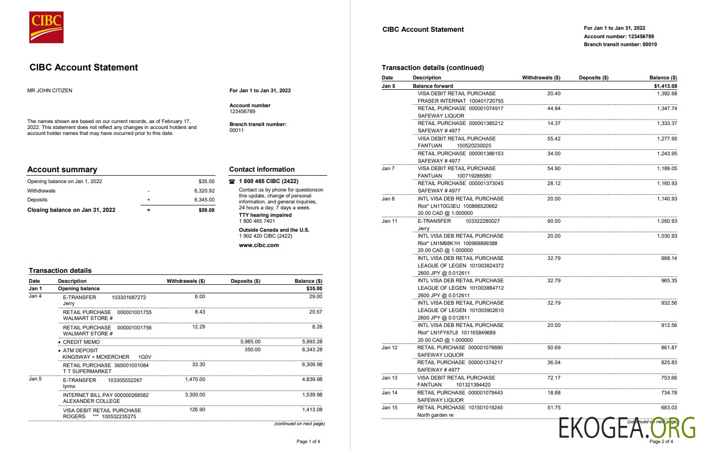 Relevé bancaire CIBC USA, modèle Word et PDF, 4 pages